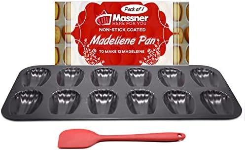 MASSNER Madeleine Pan with Spatula, Pack of 1, Non-stick for 12 Madeline Cookies, Heavy duty dishwasher safe