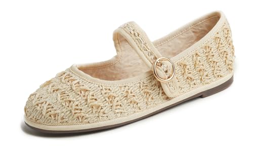 FEVERSOLE Women's Soft Breathable Mary Jane Memory Foam Cushioned Comfort Round Toe Metal Buckle Flats Walking Shoes Beige Raffia Size 8.5 M US