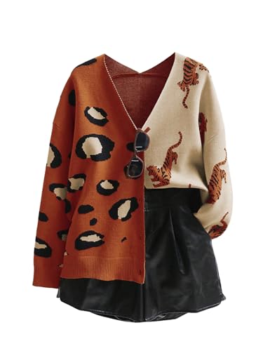 Image of WDIRARA Women's Leopard Tiger Print Cardigan V Neck Long Sleeve Color Block Button Down Sweater Outwear