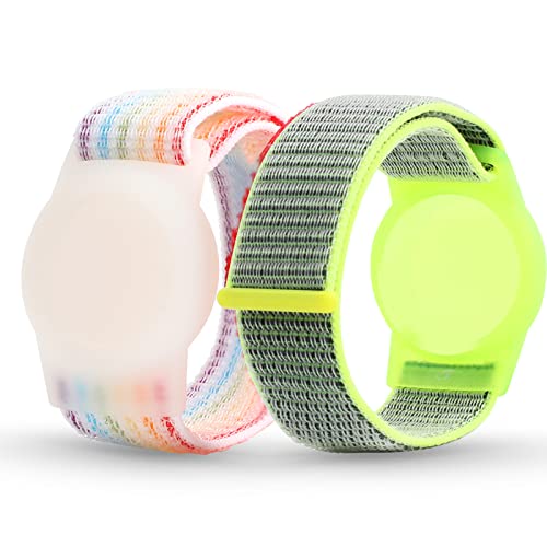 Image of Air tag Wristband Kids(2 Pack), Nylon Air tag Bracelet for Kids Compatible with Apple Air tag, Air tags Protective Cover with Strap Holder Lightweight Elastic Watch Band for Kids, Elders(Rainbow &