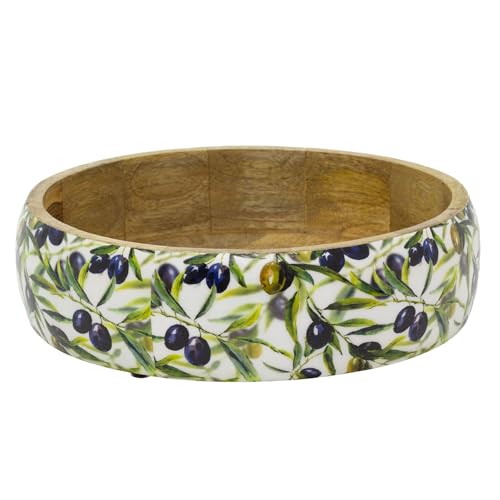 Carousel Home Shallow Olive Enamelled Mango Wood Bowl, 24cm Wooden Serving Dish with Mediterranean Olive Pattern for Salads Fruit and Snacks