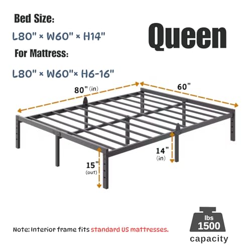 ZIYOO 14 Inch Metal Queen Bed Frame Mattress Anti-Slip Design, No Box Spring Needed, Easy Assembly, Noise-Free, Tools Included, Ideal for Bedrooms, Guest Rooms, Dorms, Hotels & B&Bs by ZIYOO - Image 2
