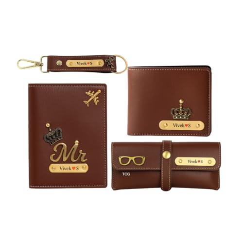 Image of Personalized Name & Charm Leather Mens Wallet Gift Hamper Set | Combo Giftset, Customized, Birthday Anniversary Wedding Engagement Gifts, for Brother Husband Father Boyfriend