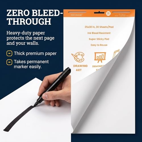 Performore Sticky Easel Flip Chart Pad, 4 Pack 25" x 30" Self Adhesive Flip Chart Paper, Bleed Resistant Large Sticky Notes, Portable Stick On Whiteboard Sheets for Office, Classroom, Meetings & Training - Image 4
