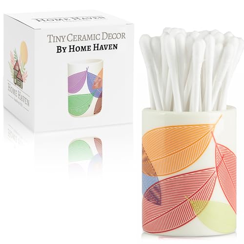 Home Haven Qtip Holder - Retro Leaves Design - Q Tip & Floss Pick Holder for Bathroom Sink Decor