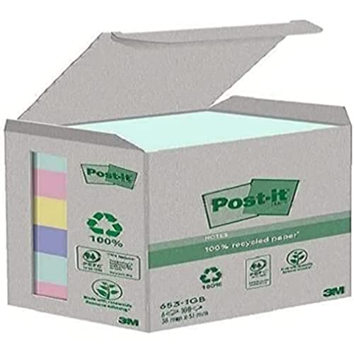 Post-it Foglietti in carta riciclata al 100% in colori assortiti, Confezione da 6 blocchetti, 100 Fogli per blocco, 38 mm x 51 mm, l'imballaggio può variare