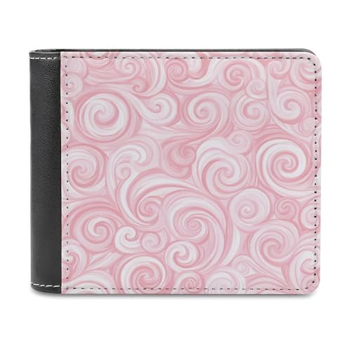 Pink And White Swirls Soft PU Leather Bifold Wallet, Coin Purse Credit Pass Case, Durable Card-Holder Slim Billfold for Men Woman Money Storage