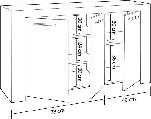 Sideboard mit DREI Türen mit DREI Innenregalen, mattweiße Farbe, Maße 144 x 80 x 42 cm