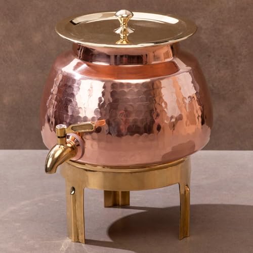 P-TAL Copper Water Dispenser 1.65 Gallons | 100% Pure Copper Pot Heavy Gauge and Hammered with Prefitted Leakproof Brass Spigot, Lid and Stand