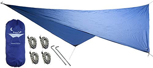 Krazy Outdoors Hammock Rain Fly - Extra Strong Rain Tarp with 70D Polyester Ripstop Quality - Strong Ropes and Pegs & Carrying Pouch - Protects Hammock from Sun, Provides Shade (Blue)