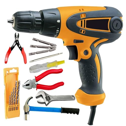 Image of Electric Screwdriver Drill Machine 350W, Copper Armature, Chuck 10mm, 750 RPM With Claw Hammer, Pliers, Wire cutter, Line Tester, Adjustable Wranch, Masonry Drill Bit Set,Home Drill tool Kit