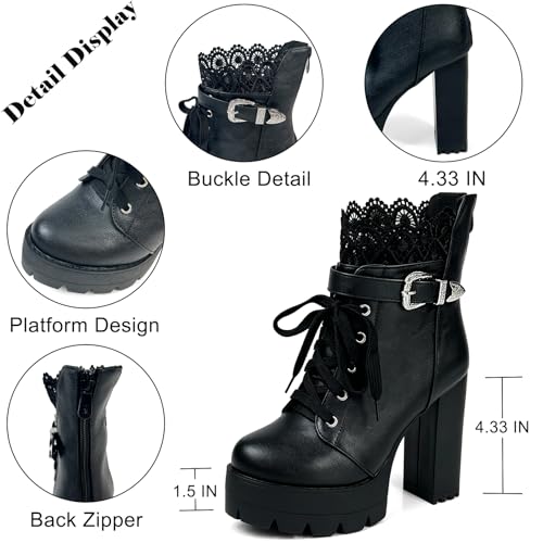 Image of MEOTINA Women Platform Boots Black Chunky Heel Ankle Booties Lace Buckle Combat Boots with Zipper High Heel Goth Shoes