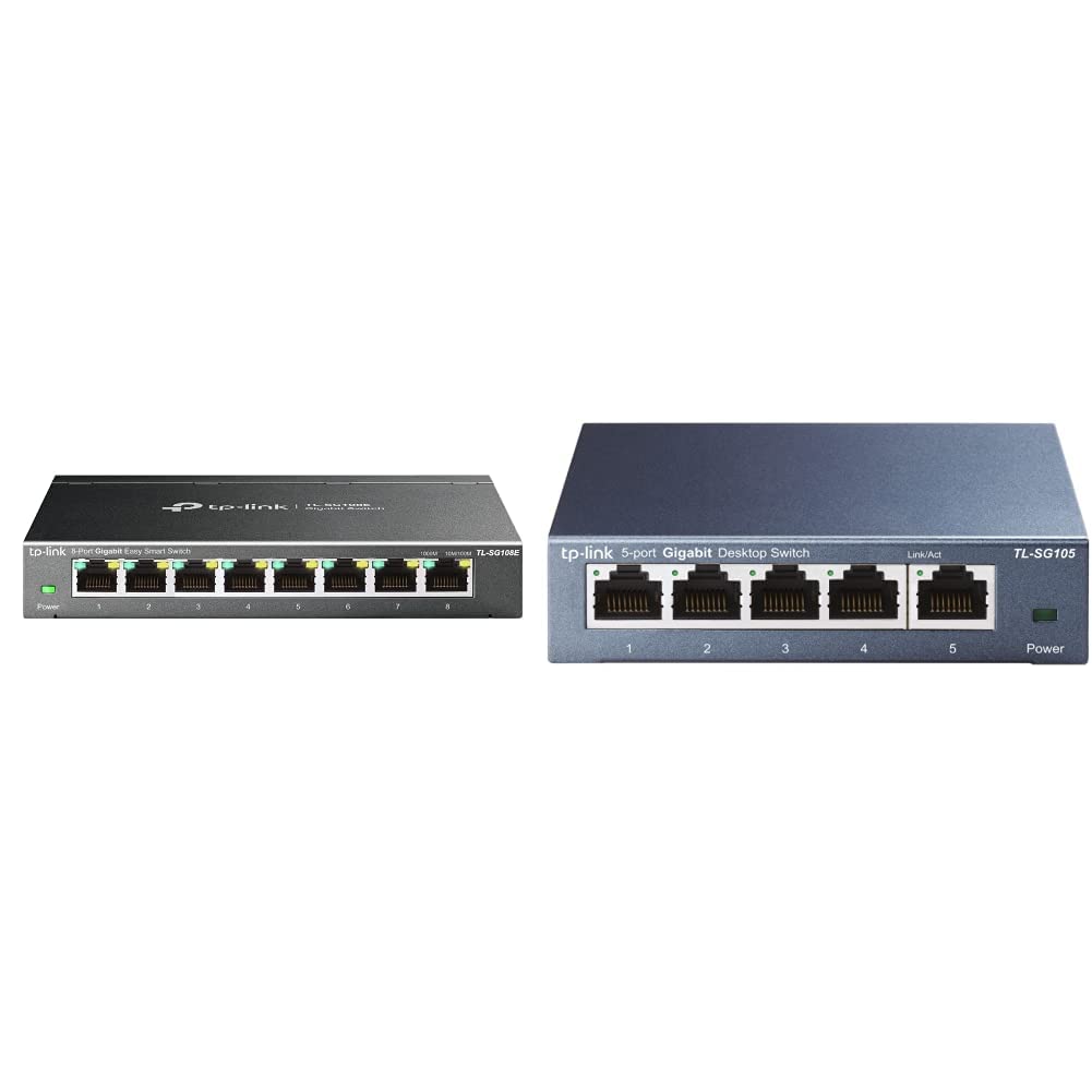 TP-Link TL-SG108E Managed Switch 8 Port Gigabit Ethernet LAN Switch schwarz & TL-SG105 5-Ports Gigabit Netzwerk Switch (bis 2000 MBit/s im Vollduplexmodus, geschirmte RJ-45 Ports) blau metallic