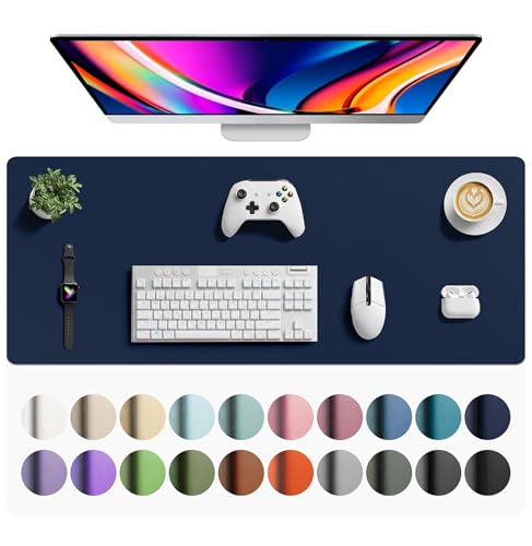 Image of Aothia Faux Leather Desk Mat - Large Mouse Pad, Non-Slip PU Leather Blotter, Waterproof Writing Surface for Office and Home (Dark Blue, 42 inch x 17 inch)