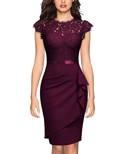 Miusol Women's Elegant Floral Lace Ruffle Design Cap Sleeve Cocktail
