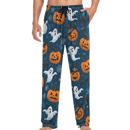 Halloween Ghosts Pumpkins Pajama Pants Orange Bats Star Lounge Sleepwear PJs Men's Pajama Bottoms Lightweight Sleep Pants M3