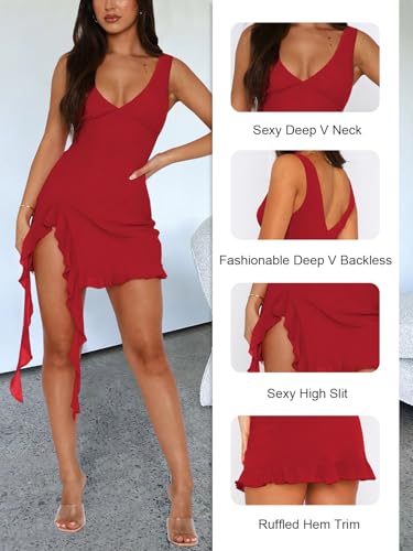Women Sleeveless Sexy V Neck Bodycon Mini Dress Summer Side Slit Mesh Irregular Ruffle Hem Backless Short Dress3