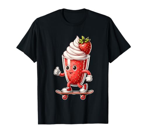Cute Strawberry Skateboard Cartoon Milkshake Urban Skater T-Shirt