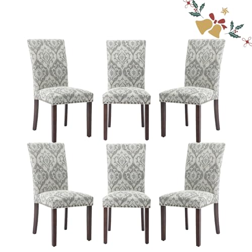 Image of Parsons Dining Chairs Set of 6, Upholstered Nailhead Dining Room Kitchen Side Chair with Thick Cushions and Wood Legs, White /Grey