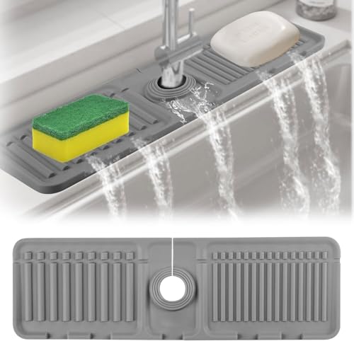 Faucet Guard Draining Mat, Improved Tap Mat for Kitchen Sink, Splash Guard, Silicone Dish Drying Mat, Sponge Holder, Shelf for Kitchen and Bathroom Sink