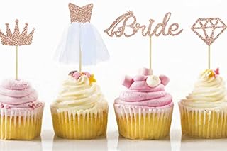32 Rose Gold Pink Glitter Bride to be Cupcake Toppers for Diamond,Crown,Bride,3D Wedding Dress Cupcake Toppers for Bridal Shower Supplies, Hen Party, Bachelorette Party Decorations