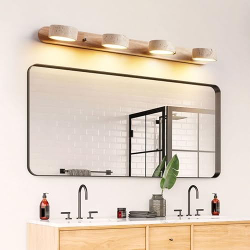 Image of Farmhouse Wood Vanity Light Fixture Nordic Style Stone Wall Lamp Natural Travertine Shade Linear Bathroom Wall Sconce 4 Lights Rotatable LED Wall Light Over Mirror - Natural Wood Color