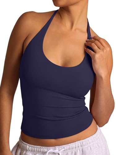 REORIA Women's Halter Backless Scoop Neck 2026 Summer Basic Tank Tops Navy