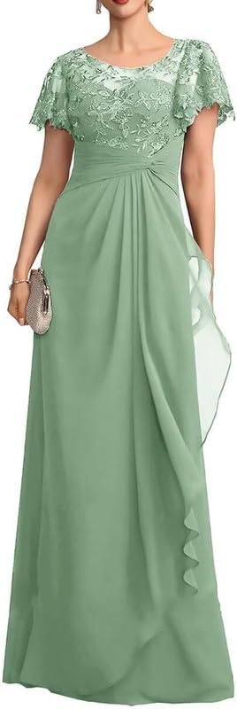 Short Sleeve Mother of The Bride Dresses Long Laces Sequin Chiffon Wedding Wedding Formal Gowns for Women MJ72