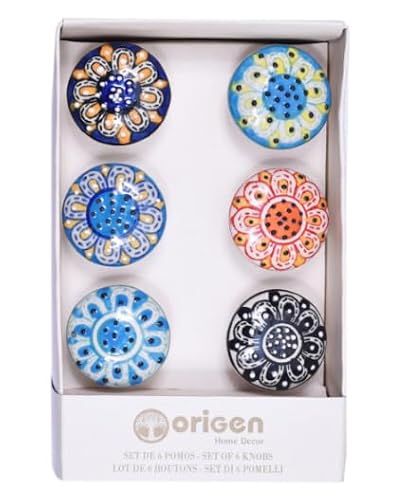 SIGNES GRIMALT Lot de 6 Boutons de Porte en Céramique – Poignées de Meuble Vintage Multicolores Motifs Floraux – Fixation par Vis et Écrou – Ø 4,5 cm