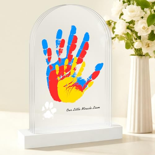 Family Handprint Kit DIY Baby Hand and Footprint Handmade Keepsake Kit Family Gifts with 5 Non-Toxic Baby-Safe Paint Ideas Gift for New Parents Fathers Day Mothers Day (4 Pages Acrylic Boards)