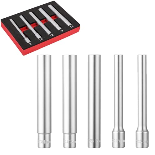 DSBYKJ 5-piece set: 8 mm, 10 mm, 12 mm, 13 mm, and 14 mm Extended Deep Hex Metric Sockets; 3/8” Extra Deep Metric Socket Set.
