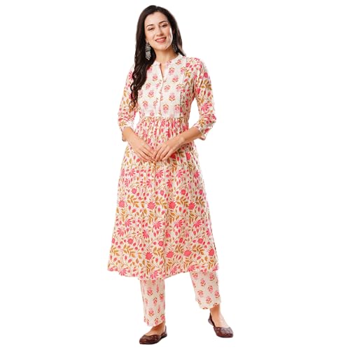 Image of Globus Women Ivory Floral Print A-Line Kurta Set With Trouser-3638388001
