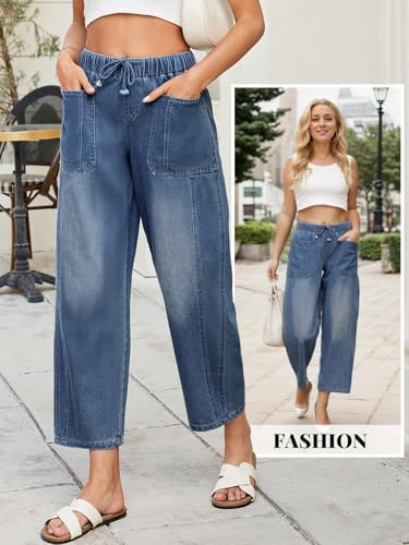 LONGBIDA Women's Wide Leg Baggy Jeans Elastic Low Rise Barrel Lightweight Casual Crop Denim Pants with Drawstring3