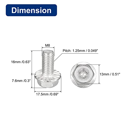 Image of uxcell M8x16mm Phillips Hex Head Flange Bolts, 5pcs 304 Stainless Steel Hexagon Phillips Flange Head Hex Bolts Machine Screws