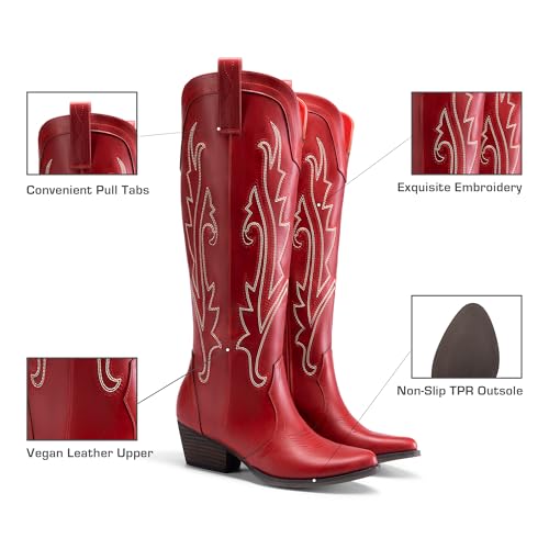 DREAM PAIRS Womens Cowboy Knee High Boots Comfortable Pull On Side Zipper Chunky Heel Embroidered Western Cowgirl Boots Retro Tall Boot,Size 8,Red,DWUMKB2501