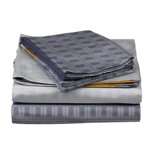 Image of BLISSHOME SoftTouch 150TC Cotton King Size Printed Bedsheet with 2 Pillow Covers for Double Bed, Silky Smooth Bedding Set, Breathable, Easy Maintain, Geometric Pattern - Blue (228cm X 274cm)