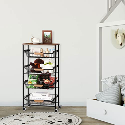 Heomu 5 Tier Kitchen Microwave Stand, Metal Kitchen Cart Rack Microwave Organizer Carts On Wheels With Storage For Kitchen, Bathroom, Living Room, Bar, Office, Rustic Brown #TOP2