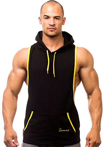 Iwearit Hoody(Blk/Yellow-S) - Cotton(95%) Lycra(5%) Stringer Tank Top Savage Hoodie with Accent Trim