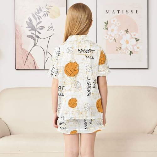 Satin Pajama Sets Short Sleeve Basketball Print for Textiles Button Down Silky Nightwear 2 Piece PJS 5-14Y4