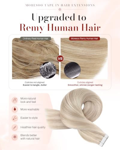 Image of Moresoo Invisible Tape in Extensions Human Hair Ash Blonde 24in 10Pcs 25g | Hair extensions tape in, extra-long partial set, ash blonde and platinum strands, flat tabs for photo shoots and events