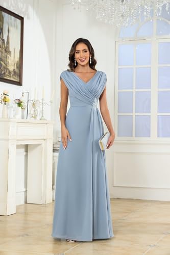 Women's Cap Sleeve Pleated Lace Chiffon Mother of The Bride Dresses Long Ruffle A Line Formal Evening Dresses3