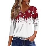 3/4 Length Sleeve Womens Christmas Tops Xmas Glass Tree Snowflake Graphic Tees Vneck Casual Comfy Holiday Blouses, Womens White Blouse, White, XXL