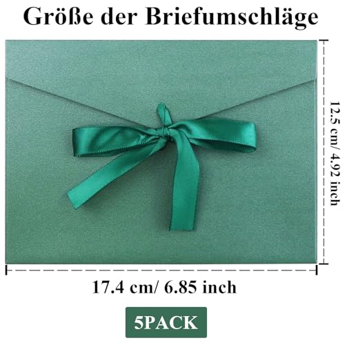 5 Pack Kraftpapier Umschläge mit Bändern, 17.4 x 12.5 cm Luxus Umschläge, Einladungsumschläge für Festival, Party, Grußkarten grün
