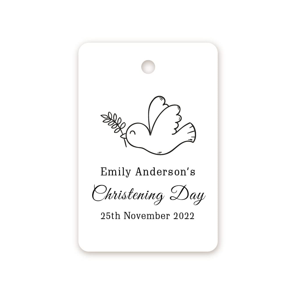 50 Personalised Christening Favour Thank You Tags,Custom Baptism Favor Tags,First Communion/Confirmation Favour Tags,40mmx60mm Party Favour Gift Tag - Tag 009 (002 Cute Dove)