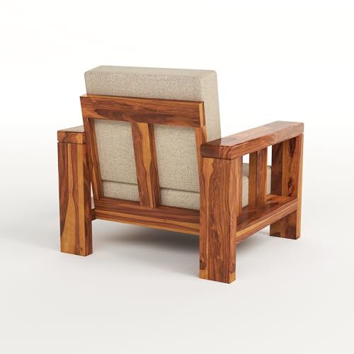 Image of Solid Sheesham Wood Single Seater Sofa Chair for Living Room - Single Sofa Chair Wooden Sofa Single Seater with Comfortable Cushion Seating (Honey, Haney 1 Seater)