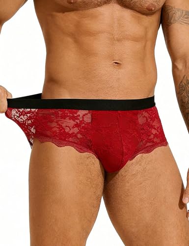 ohyeahlady Boxer Hombre Sexy Encaje Talla Grande Culotte Calzoncillos Cintura Baja Ajustados Comodos Bikini Pantalones Cortos Underwear Ropa Interior Divertida Lencería Curvy Rojo,L