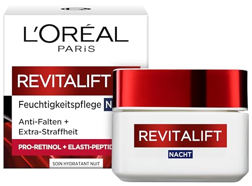 L'Oréal Paris Feuchtigkeitspflege Nacht für Frauen: sorgt für ein strafferes Hautbild & mildert Falten & stärkt die Hautschutzbarriere über Nacht mit Pro-Elastin & Aprikosenkernöl, Revitalift, 1x 50ml