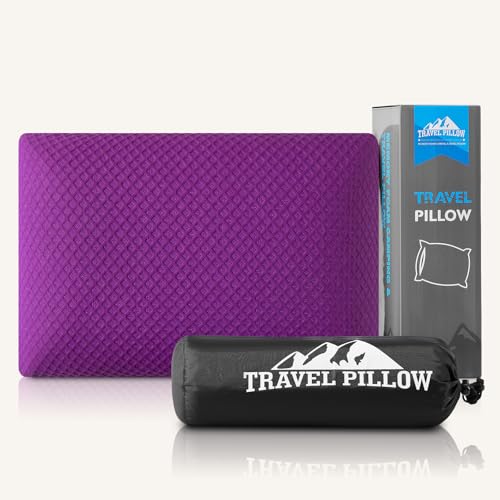 PEUJEW Travel Pillow Memory Foam Pillows Camping Pillow-Compressible Medium Firm Breathable Cover Ideal Backpacking Hiking Bed Pillows Airplane and Car (Purple M)