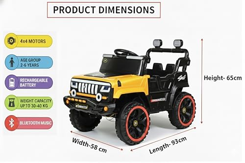 Image of Wishmaster 4x4 Kids Electric Ride On Jeep with Remote Control | Battery Operated Car for Kids 2-6 Years | RGB LED Lights, Bluetooth Music | Birthday Gift | 1-Year Warranty On Motors & Motherboard