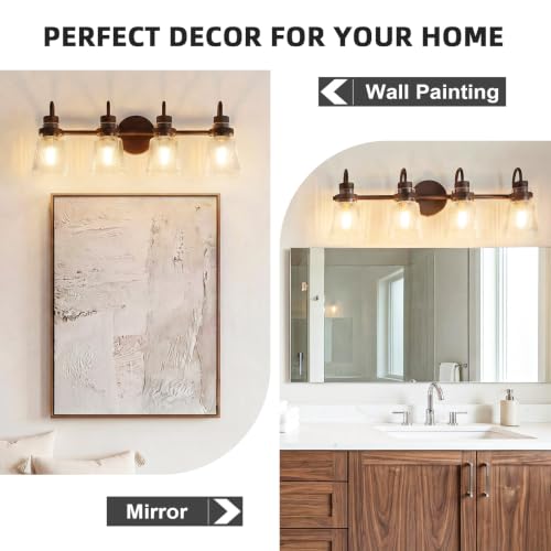 Image of Vintage Farmhouse Vanity Wall Sconce Lighting, 4-Light Oil Rubbed Bronze Bathroom Vanity Light Over Mirror with Clear Striped Glass Shade, 25.7 inch Retro Wall Lamp for Bedroom Living Room